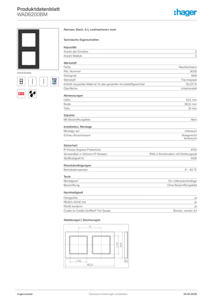 Bild Hager Produktdatenblatt WAD6200BM | Hager Deutschland