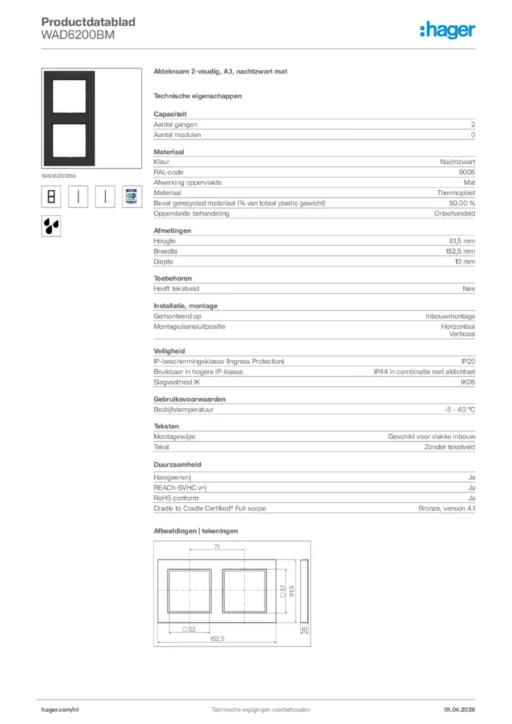 Afbeelding Hager Productdatablad WAD6200BM | Hager Nederland