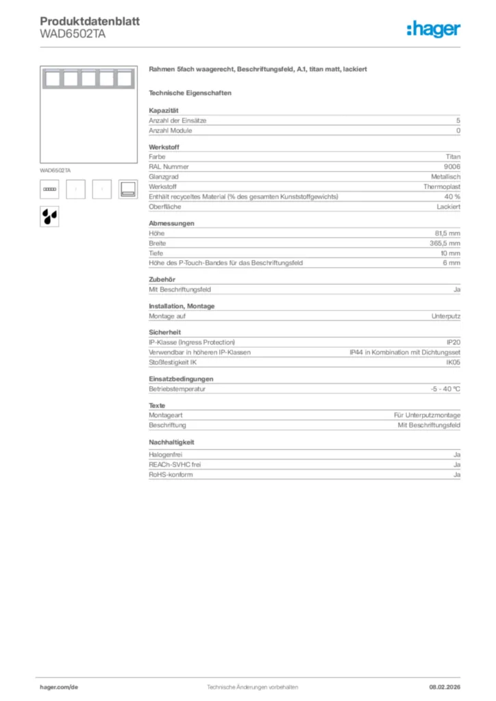 Bild Hager Produktdatenblatt WAD6502TA | Hager Deutschland
