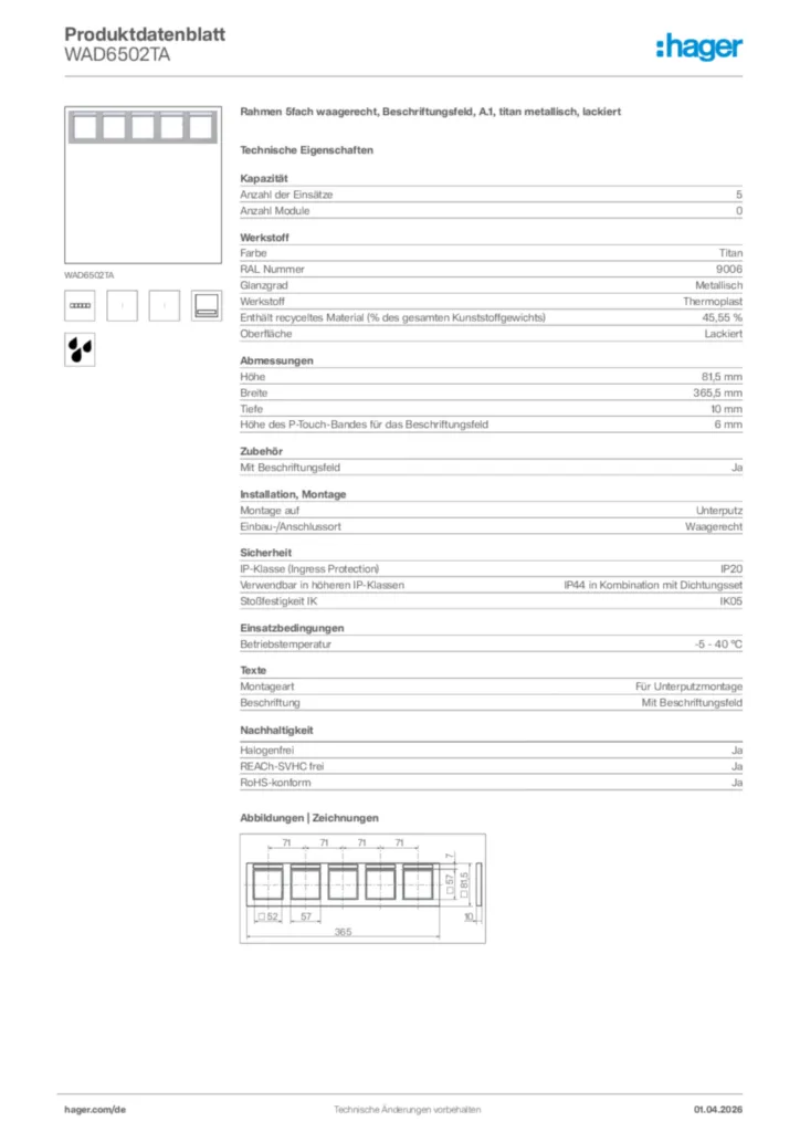 Bild Hager Produktdatenblatt WAD6502TA | Hager Deutschland