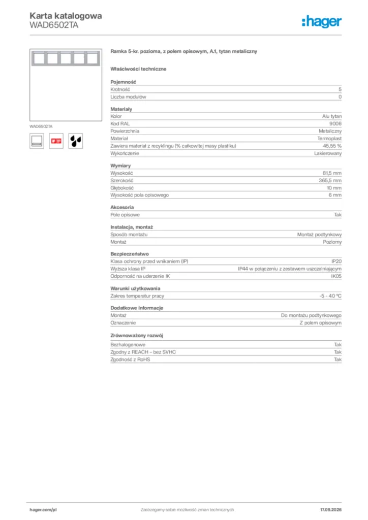 Zdjęcie Hager Karta katalogowa WAD6502TA | Hager Polska