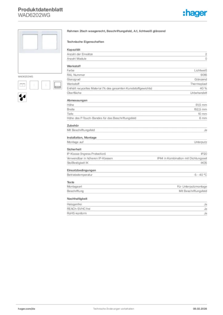 Bild Hager Produktdatenblatt WAD6202WG | Hager Deutschland