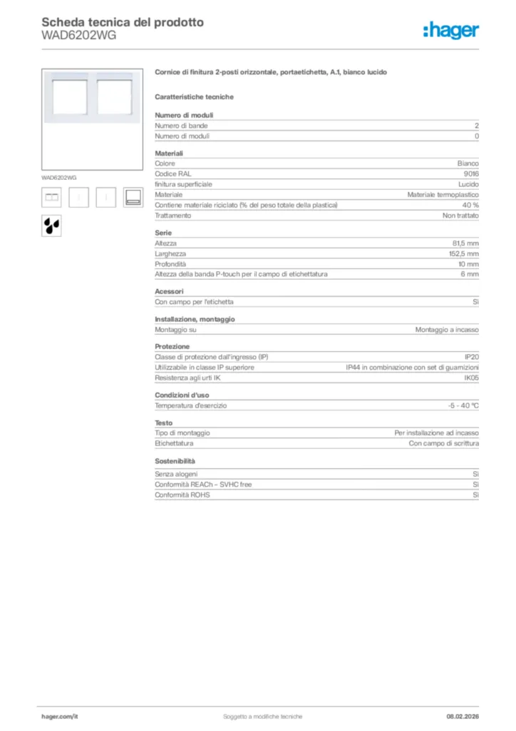 Immagine Hager Scheda tecnica del prodotto WAD6202WG | Hager Italia