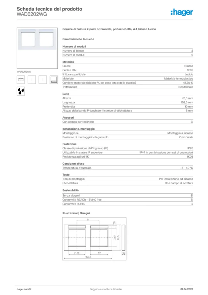 Immagine Hager Scheda tecnica del prodotto WAD6202WG | Hager Italia
