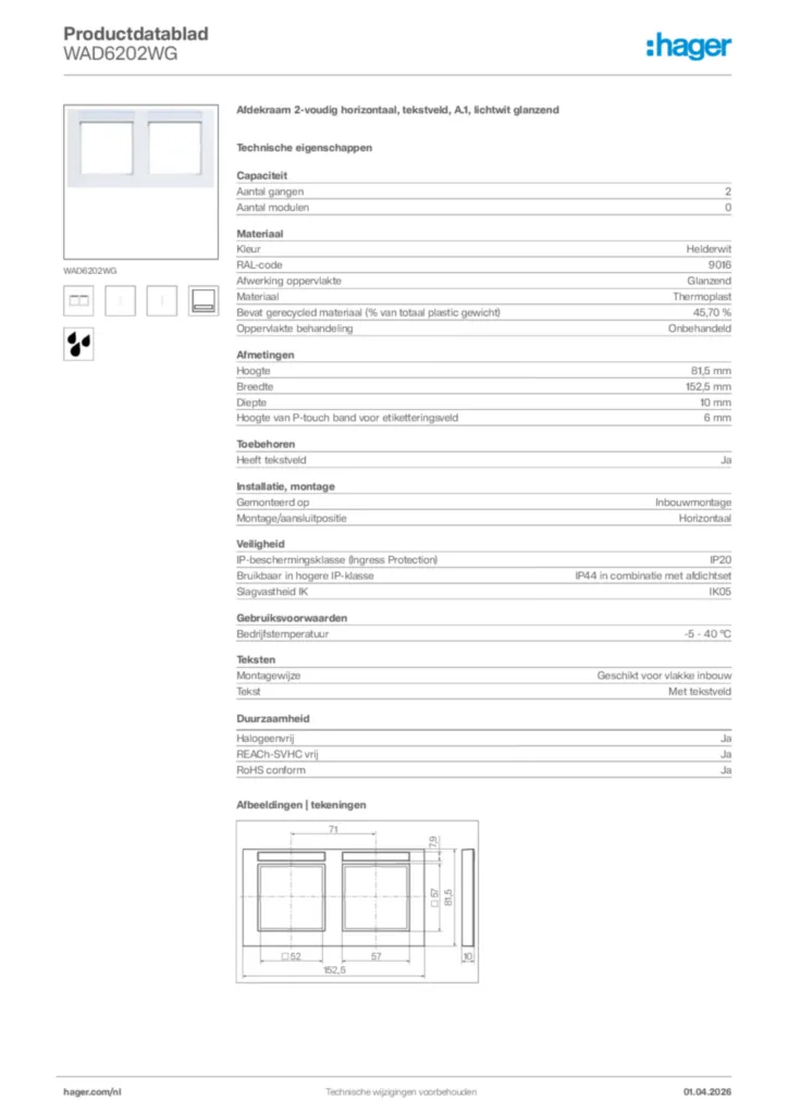 Afbeelding Hager Productdatablad WAD6202WG | Hager Nederland