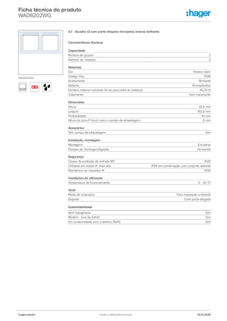 Imagem Hager Ficha técnica do produto WAD6202WG | Hager Portugal