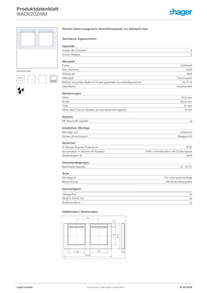 Bild Hager Produktdatenblatt WAD6202WM | Hager Deutschland