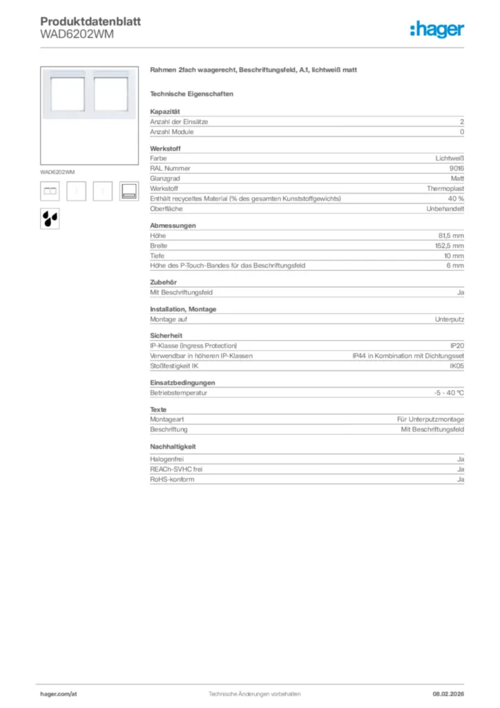Bild Hager Produktdatenblatt WAD6202WM | Hager Deutschland