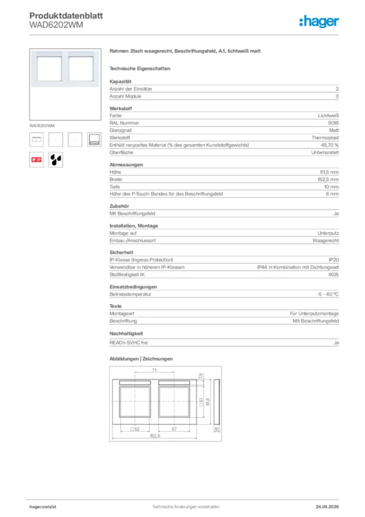Bild Hager Produktdatenblatt WAD6202WM | Hager Deutschland