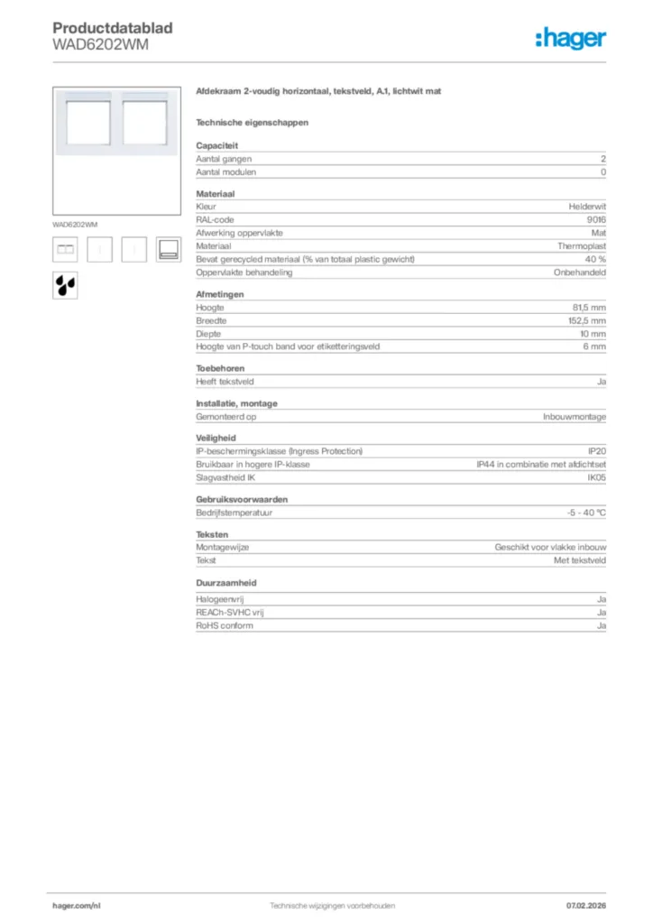 Afbeelding Hager Productdatablad WAD6202WM | Hager Nederland