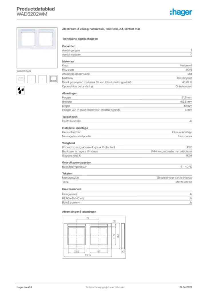 Afbeelding Hager Productdatablad WAD6202WM | Hager Nederland