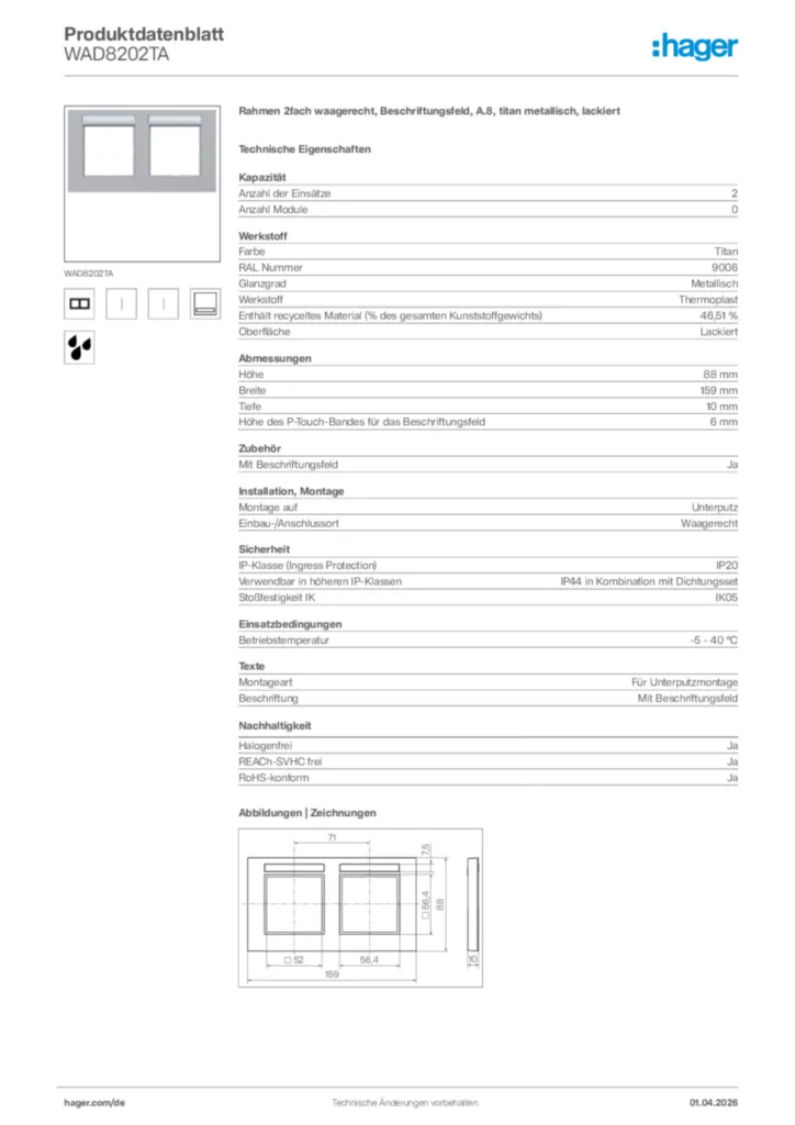 Bild Hager Produktdatenblatt WAD8202TA | Hager Deutschland