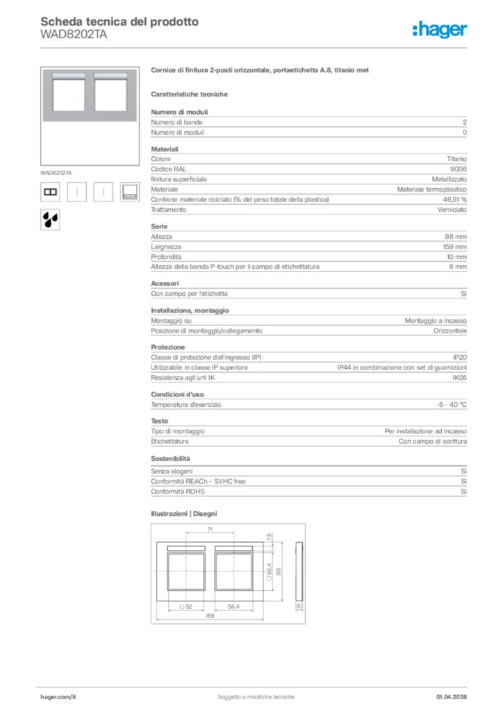 Immagine Hager Scheda tecnica del prodotto WAD8202TA | Hager Italia