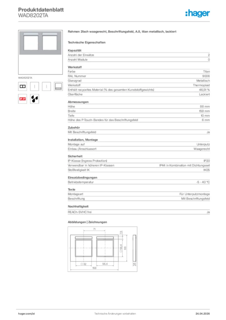 Bild Hager Produktdatenblatt WAD8202TA | Hager Deutschland