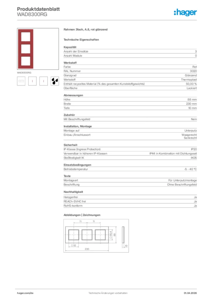 Bild Hager Produktdatenblatt WAD8300RG | Hager Deutschland