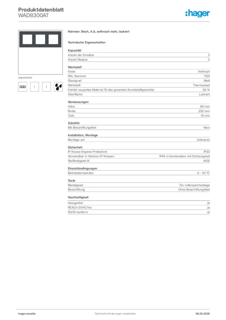 Bild Hager Produktdatenblatt WAD8300AT | Hager Deutschland
