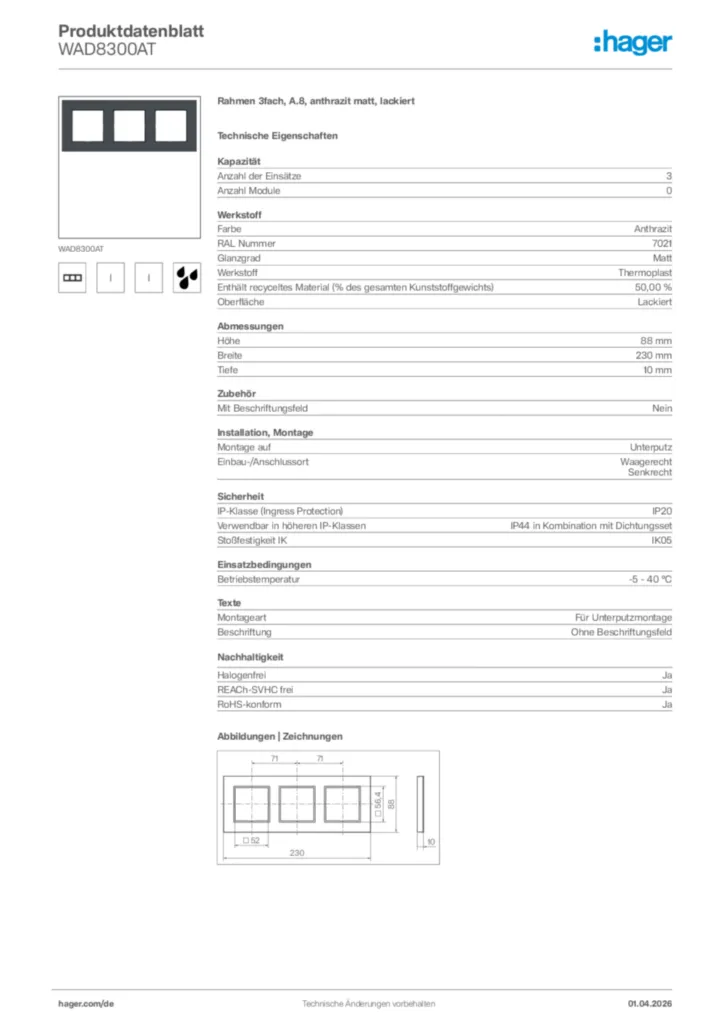 Bild Hager Produktdatenblatt WAD8300AT | Hager Deutschland