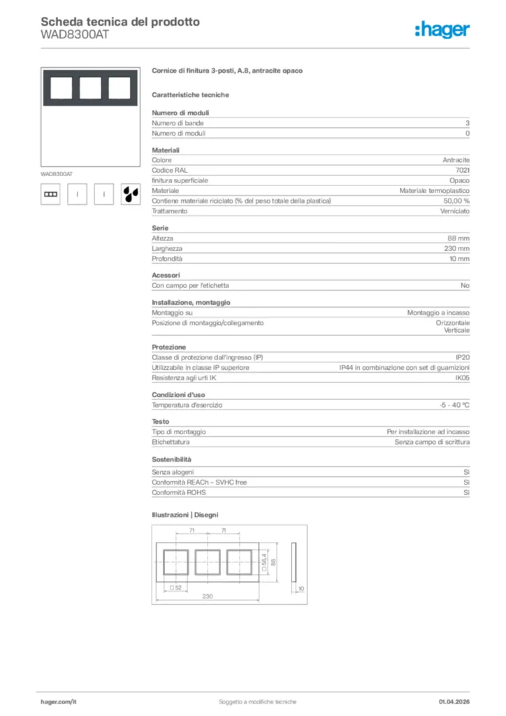 Immagine Hager Scheda tecnica del prodotto WAD8300AT | Hager Italia
