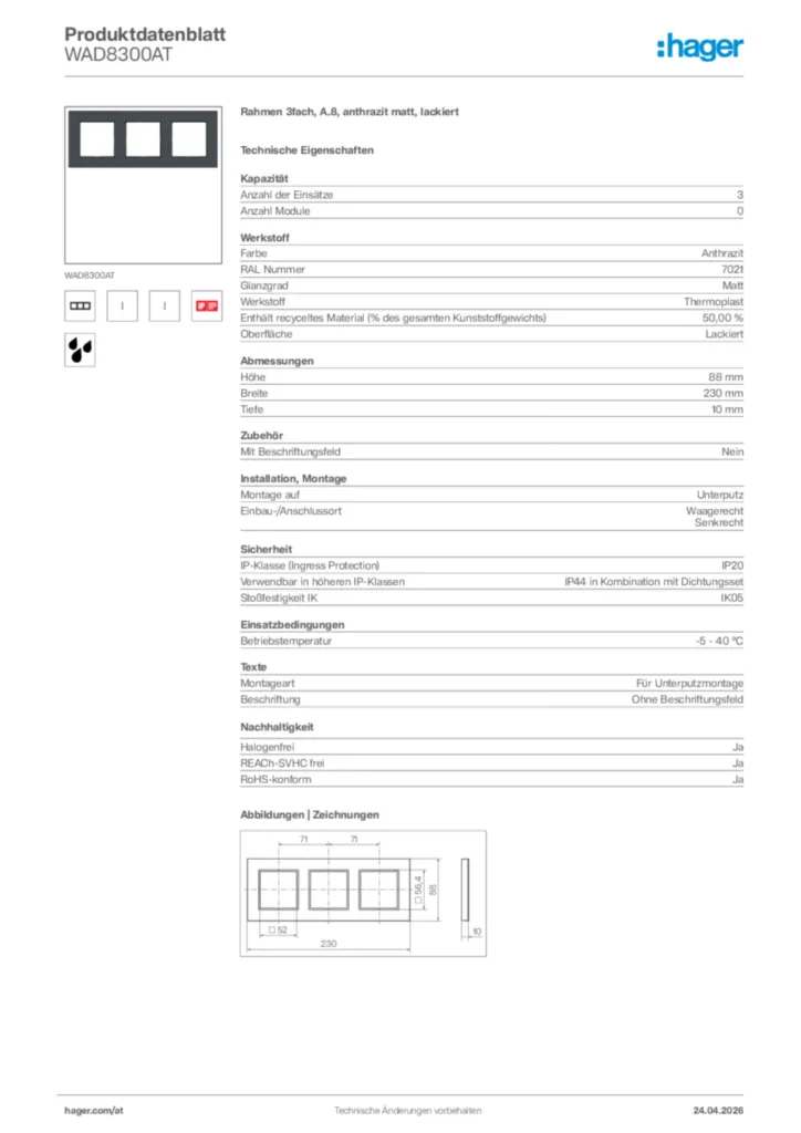 Bild Hager Produktdatenblatt WAD8300AT | Hager Deutschland