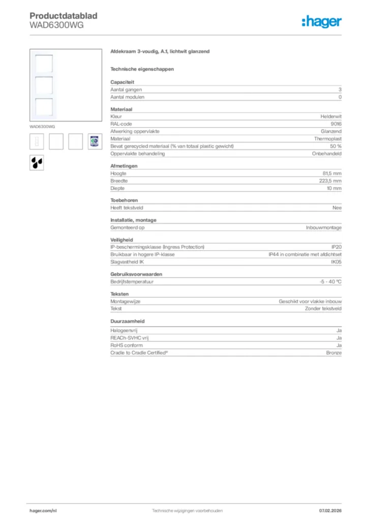 Afbeelding Hager Productdatablad WAD6300WG | Hager Nederland