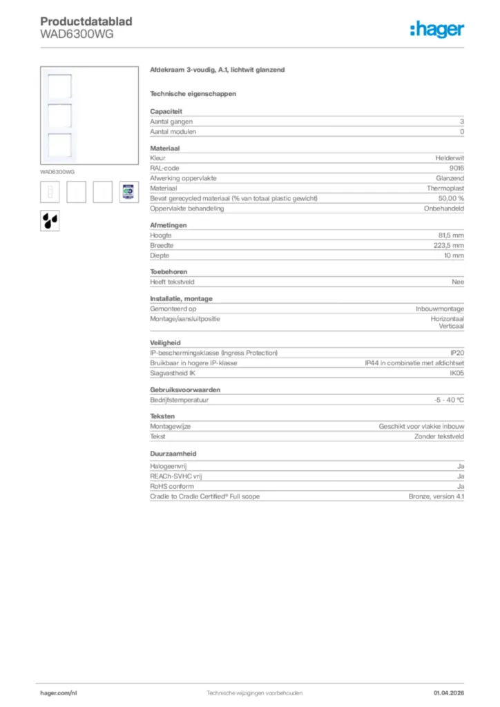 Afbeelding Hager Productdatablad WAD6300WG | Hager Nederland