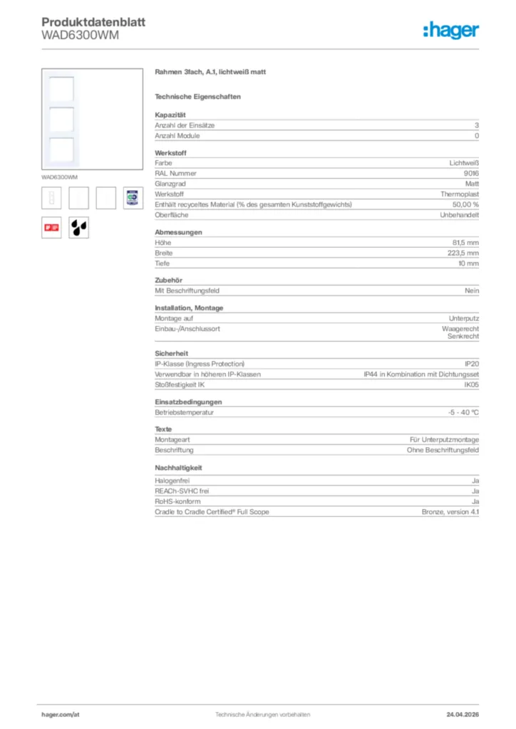 Bild Hager Produktdatenblatt WAD6300WM | Hager Deutschland
