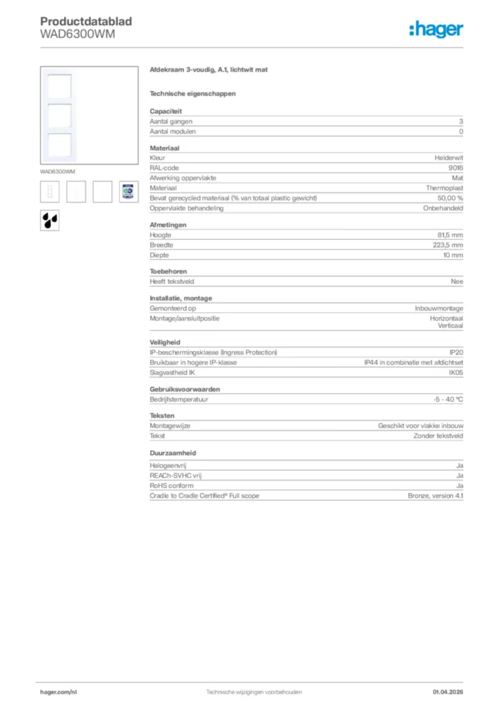 Afbeelding Hager Productdatablad WAD6300WM | Hager Nederland