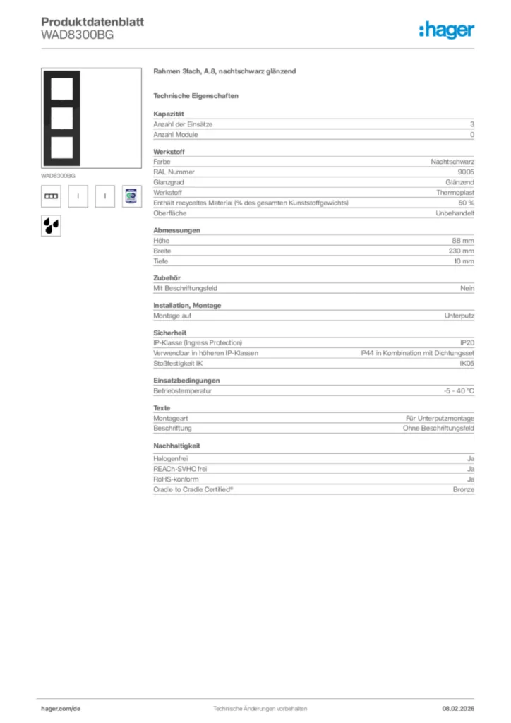 Bild Hager Produktdatenblatt WAD8300BG | Hager Deutschland