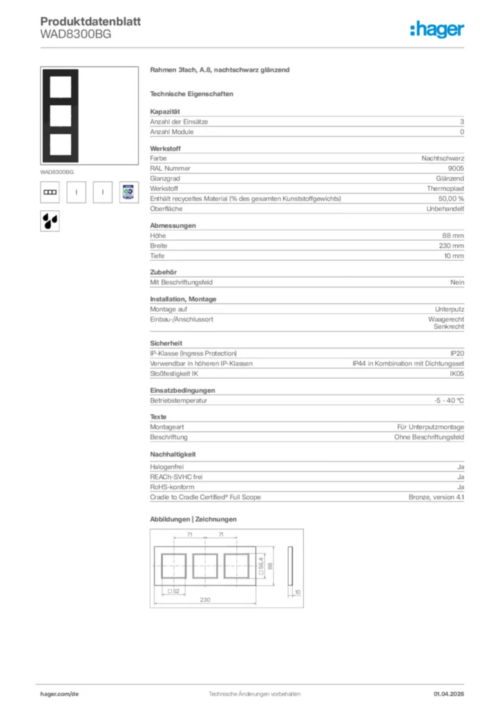 Bild Hager Produktdatenblatt WAD8300BG | Hager Deutschland