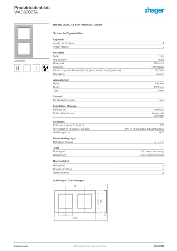 Bild Hager Produktdatenblatt WAD6200TA | Hager Deutschland