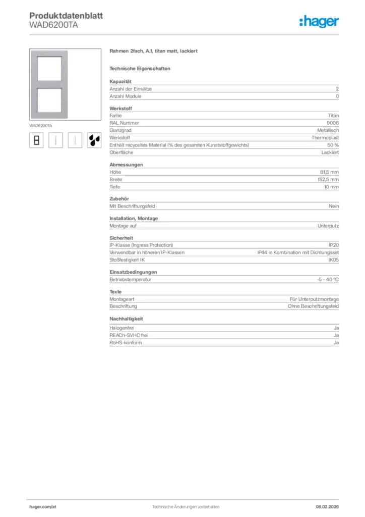 Bild Hager Produktdatenblatt WAD6200TA | Hager Deutschland
