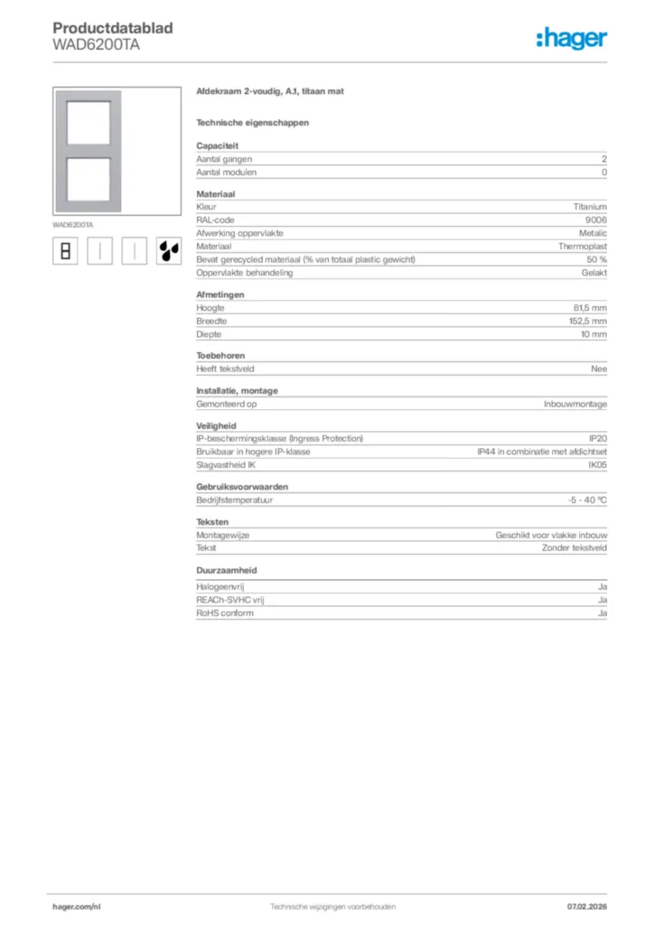 Afbeelding Hager Productdatablad WAD6200TA | Hager Nederland