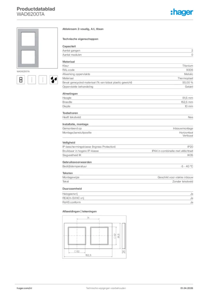 Afbeelding Hager Productdatablad WAD6200TA | Hager Nederland