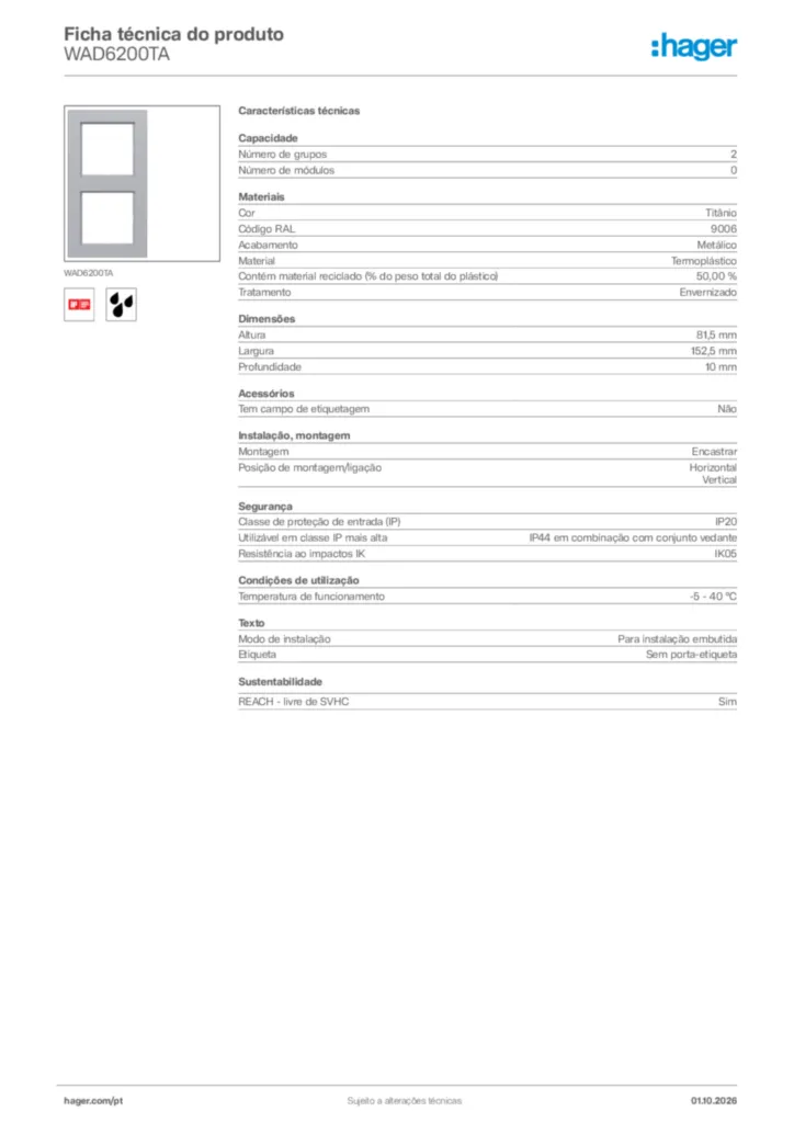 Imagem Hager Ficha técnica do produto WAD6200TA | Hager Portugal