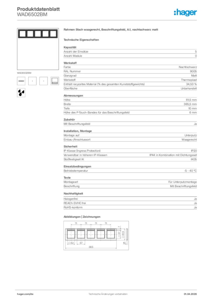 Bild Hager Produktdatenblatt WAD6502BM | Hager Deutschland