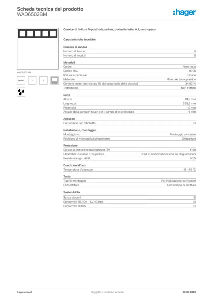 Immagine Hager Scheda tecnica del prodotto WAD6502BM | Hager Italia