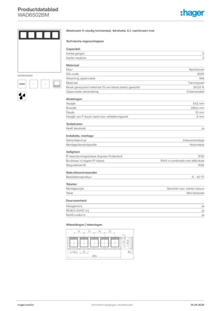 Afbeelding Hager Productdatablad WAD6502BM | Hager Nederland