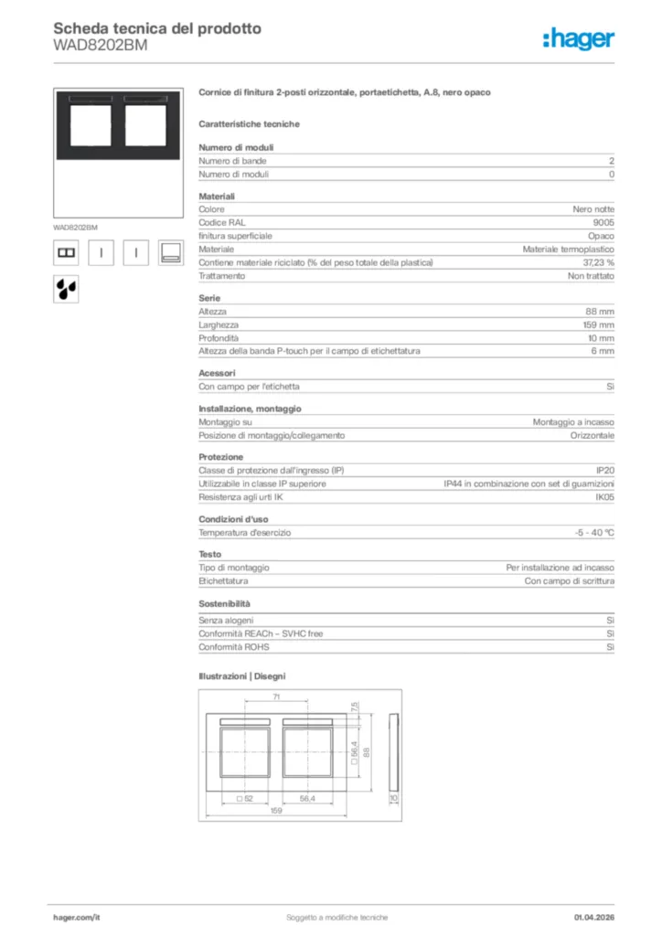 Immagine Hager Scheda tecnica del prodotto WAD8202BM | Hager Italia
