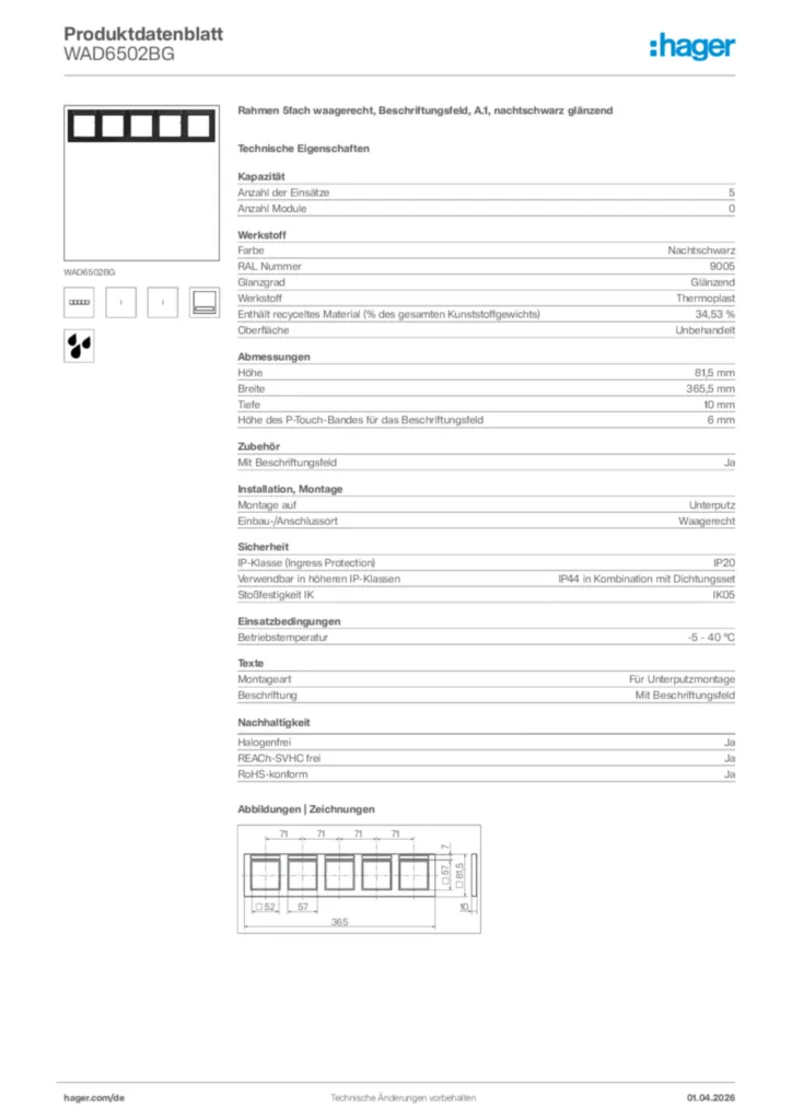 Bild Hager Produktdatenblatt WAD6502BG | Hager Deutschland