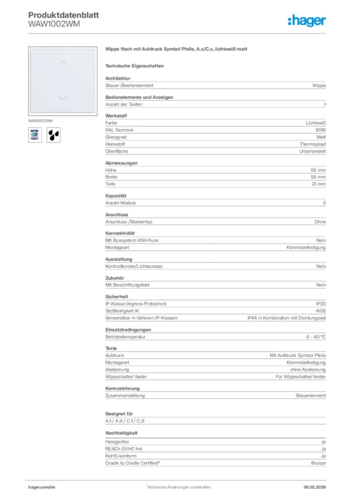 Bild Hager Produktdatenblatt WAW1002WM | Hager Deutschland