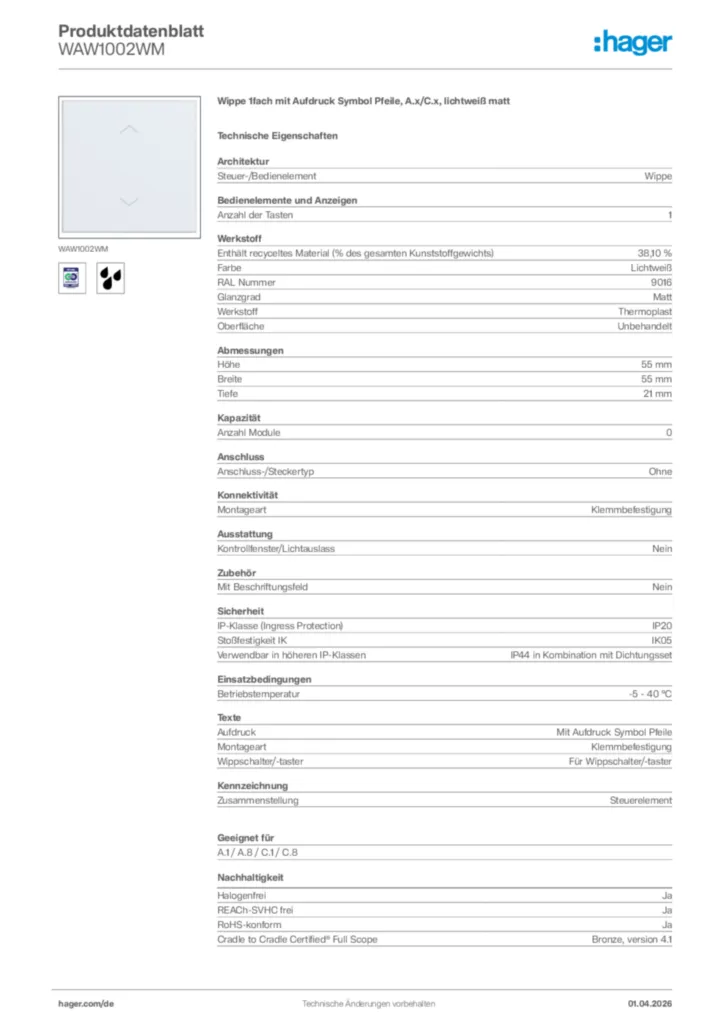 Bild Hager Produktdatenblatt WAW1002WM | Hager Deutschland