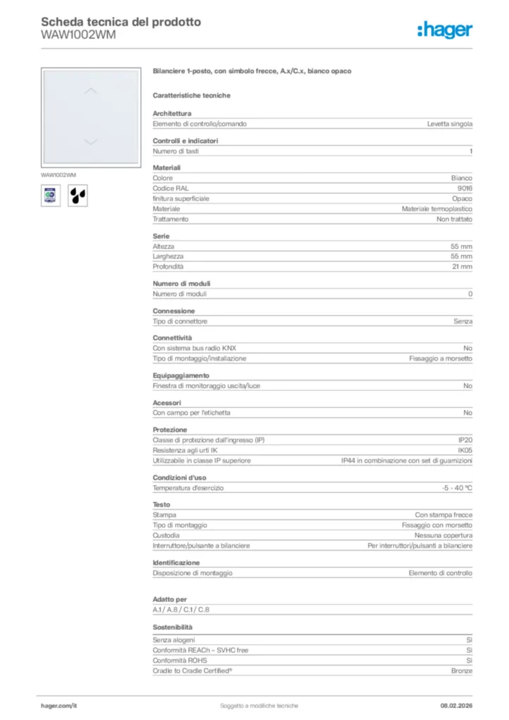Immagine Hager Scheda tecnica del prodotto WAW1002WM | Hager Italia