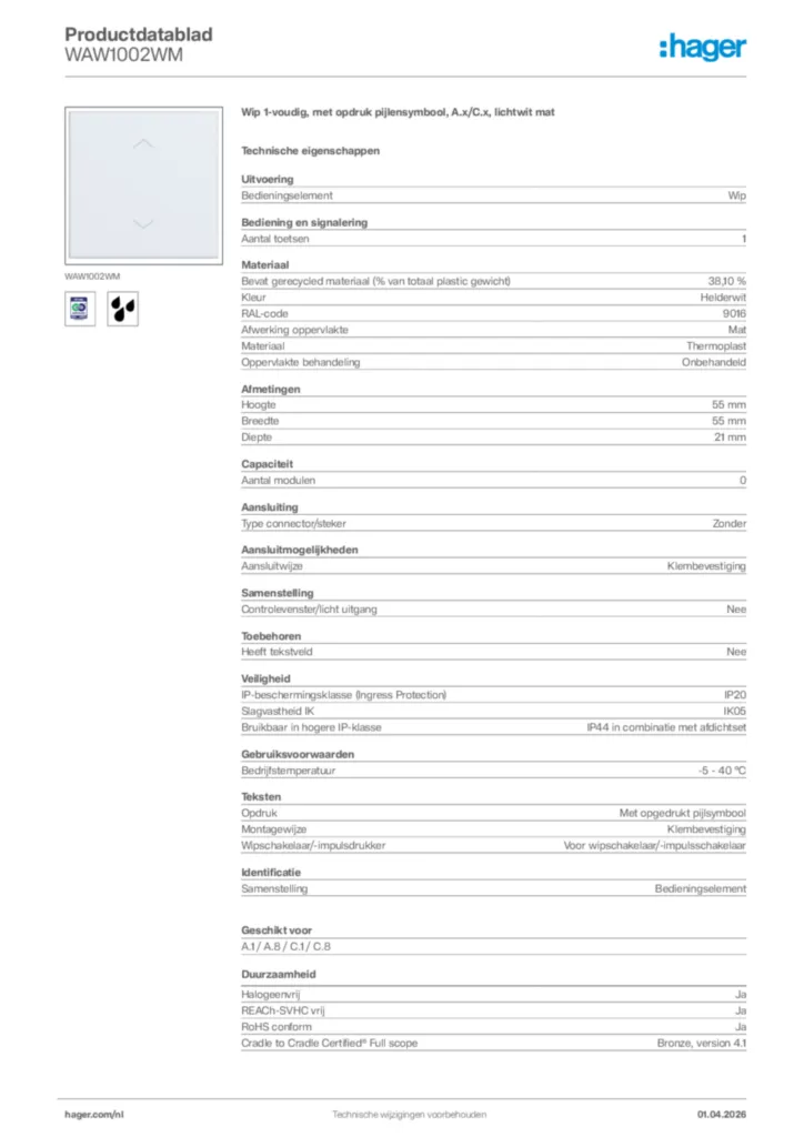 Afbeelding Hager Productdatablad WAW1002WM | Hager Nederland