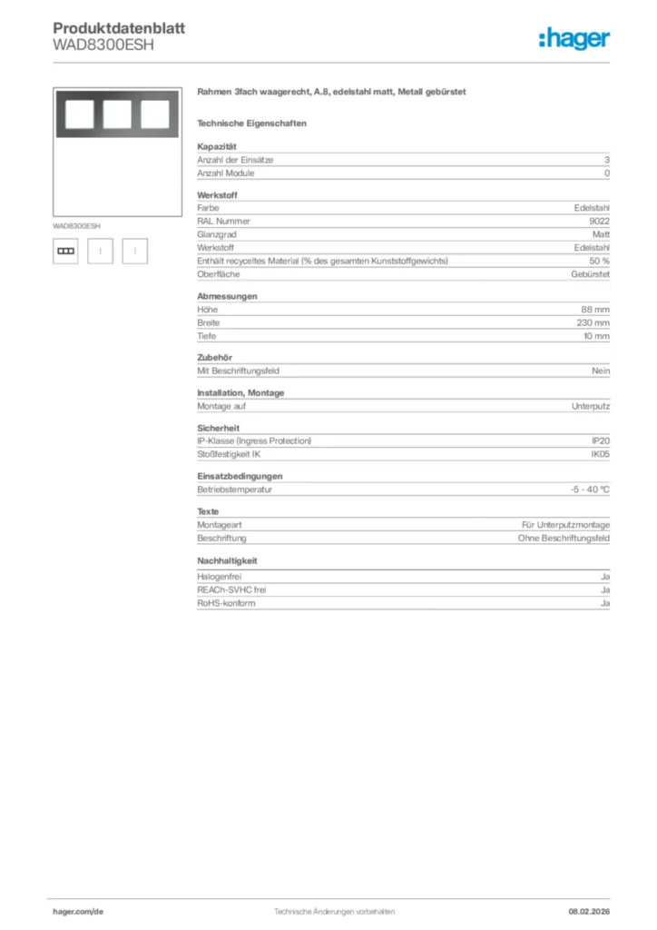Bild Hager Produktdatenblatt WAD8300ESH | Hager Deutschland
