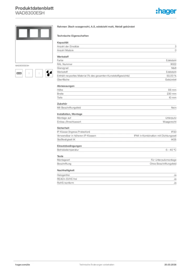 Bild Hager Produktdatenblatt WAD8300ESH | Hager Deutschland