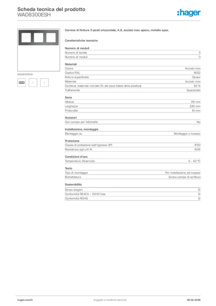 Immagine Hager Scheda tecnica del prodotto WAD8300ESH | Hager Italia