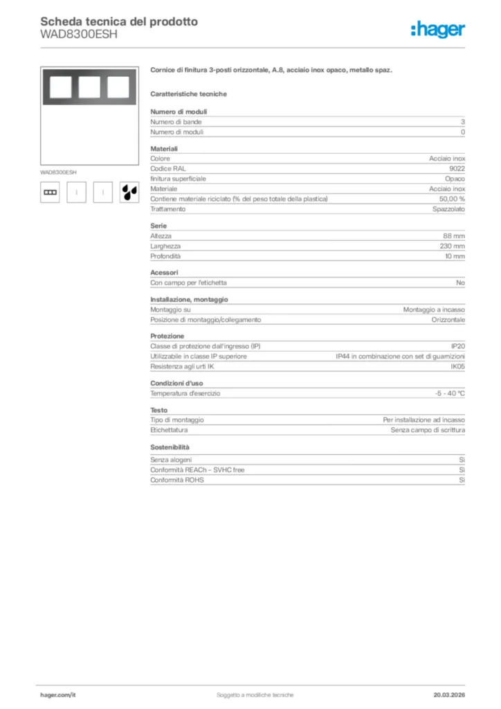 Immagine Hager Scheda tecnica del prodotto WAD8300ESH | Hager Italia