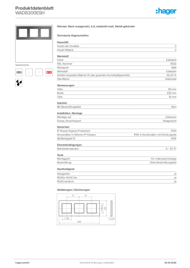 Bild Hager Produktdatenblatt WAD8300ESH | Hager Deutschland