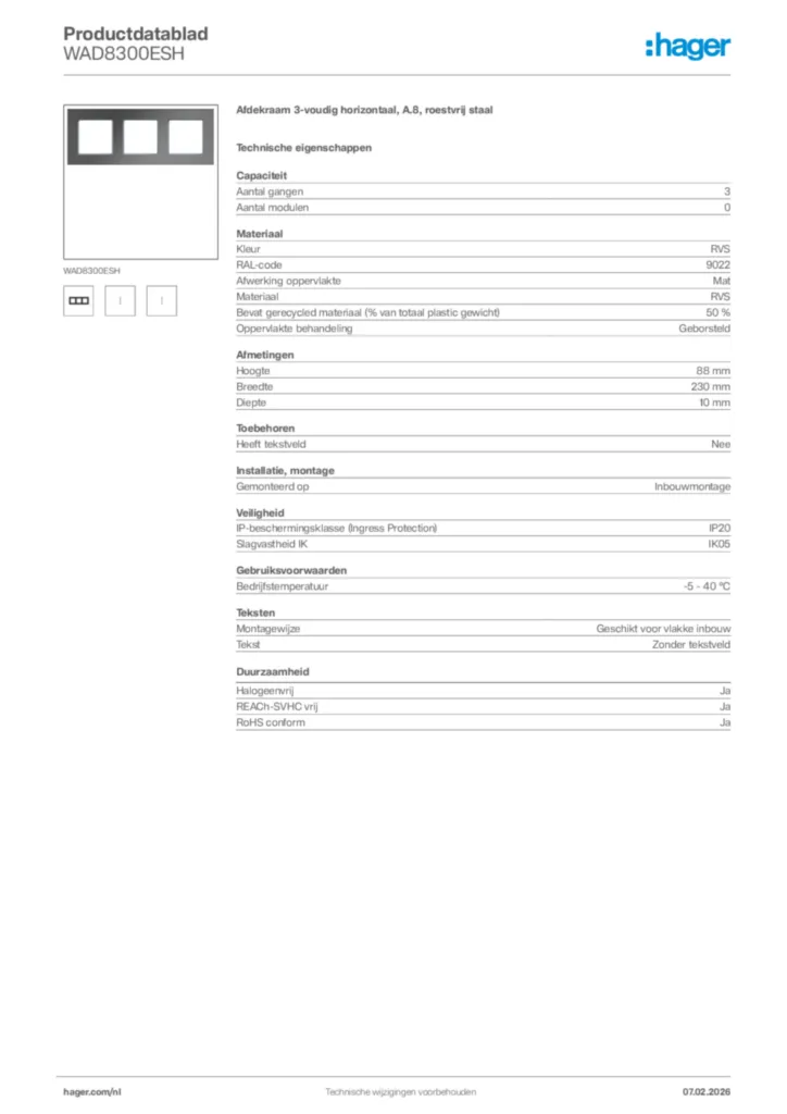 Afbeelding Hager Productdatablad WAD8300ESH | Hager Nederland