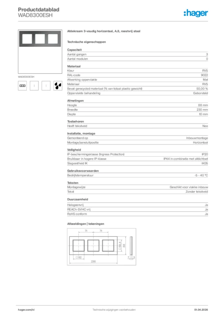 Afbeelding Hager Productdatablad WAD8300ESH | Hager Nederland